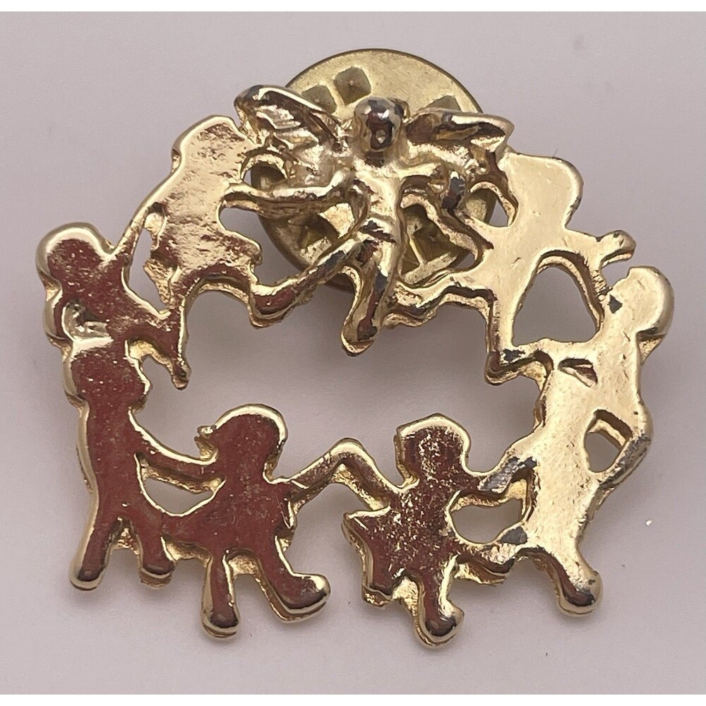 Circle of Friends with Angel Vintage Gold Tone Brooch Pin